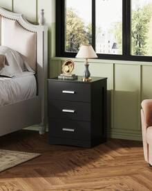 Night Stand, Wood Nightstand With 3 Storage Drawers, Bed Side Table For Bedroom, Living Room, Dorm, Modern Minimalist Bedside Table - 黑色 - 查看 2