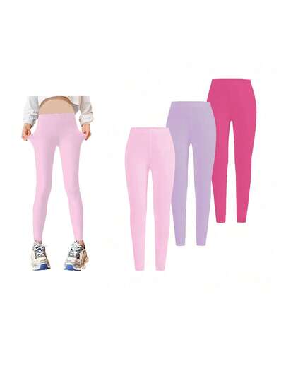 Set de 3 piezas de leggings casuales de unicolor para niñas, de punto elástico suave y cómodo, en combinación de varios colores, con estilo deportivo casual, adecuados para actividades al aire libre, baile, yoga, ciclismo, correr, reuniones, fiestas y uso diario en primavera, verano, otoño e invierno