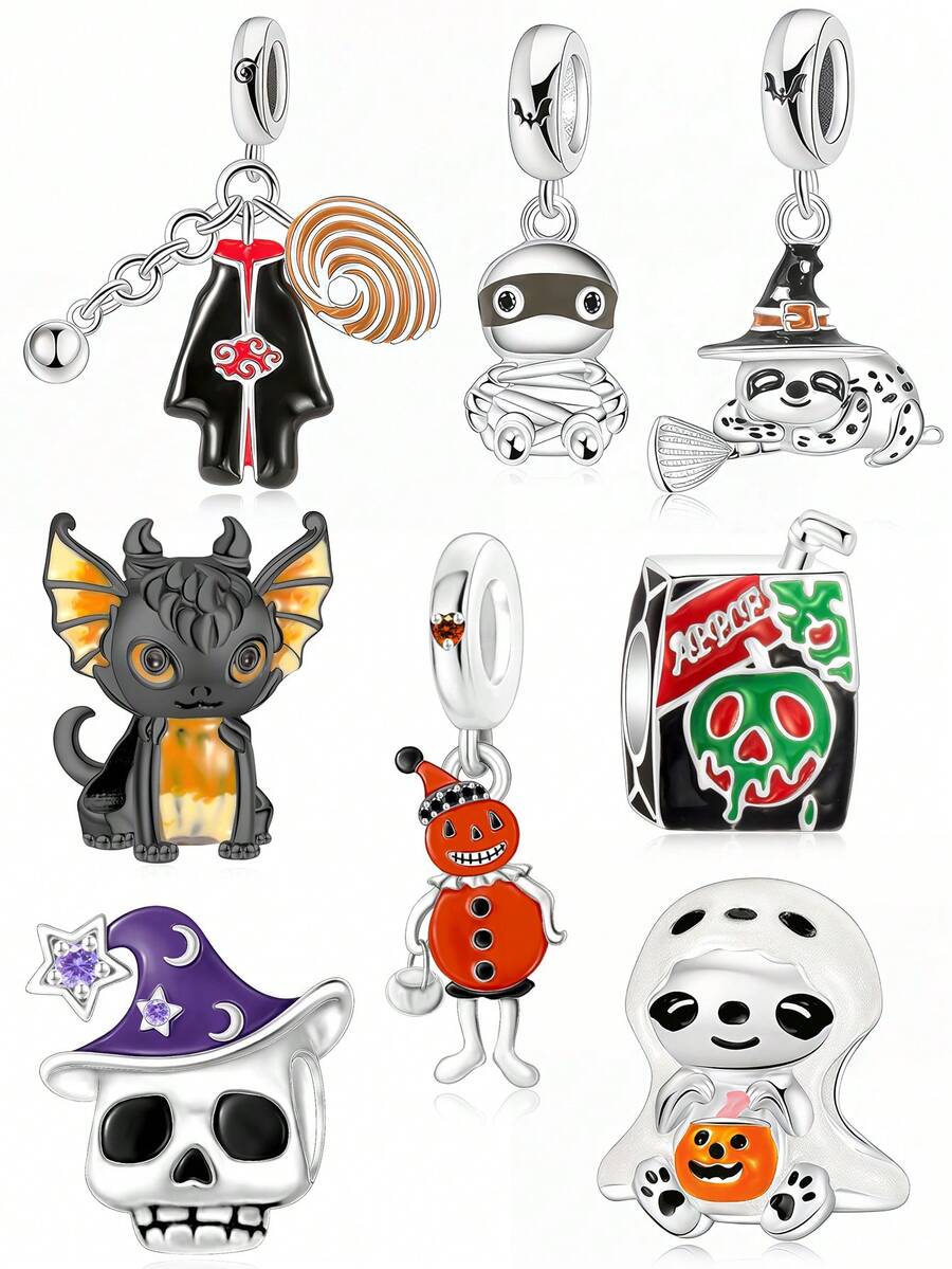 1pc Fashionable & Charming Halloween Series Skeleton, Ghost, Mummy, Witch, Drink Bottle Beaded DIY Halloween Bracelet Necklace Gift