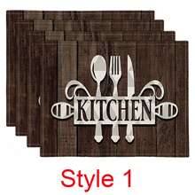 4 bucăți de veselă impermeabilă din in, cu text și suporturi de masă cu model de fibre de lemn, suporturi de masă rezistente la căldură pentru bucătărie, suporturi de masă rezistente la căldură din in, în stil occidental, potrivite pentru casă, hotel, restaurant, întâlniri de sărbători, petreceri și decorarea mesei