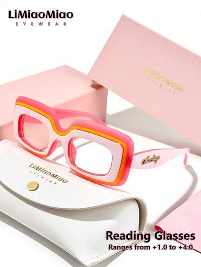 LiMiaoMiao 1 pieza Gafas de lectura unisex con marco rectangular retro, multicolor, lentes transparentes, aumento de +1.0 a +4.0, con estuche y paño, adecuado como regalo de vacaciones