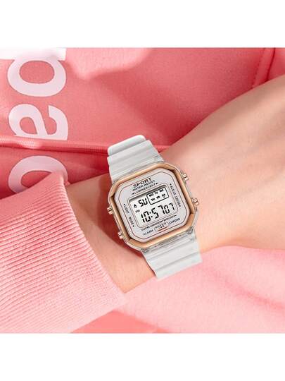 1pc LED Square Silicone Strap Watch, Unisex Student Sports Multi Function Chronograph Calendar Week Alarm Waterproof Luminous Electronic Wristwatch view 2