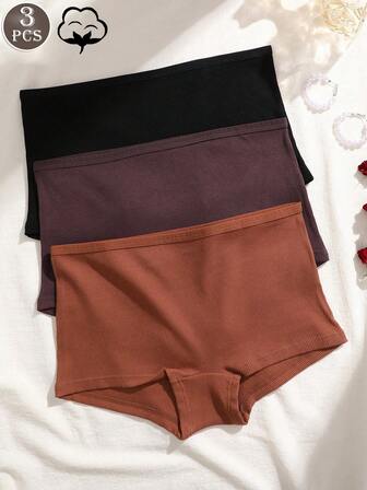 3pcs Women's Multicolor Cotton Rib Knit Breathable Full Coverage Low Waist Sexy Briefs