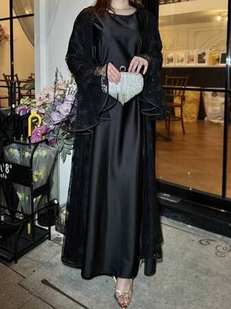 Modest Lace Abaya Sequin Lace Abaya With Inner Dress Two Pieces Abaya Set Occasion Dress