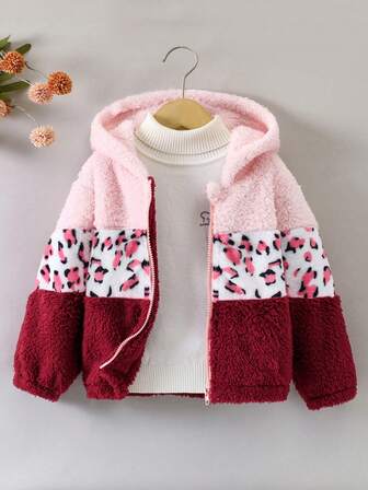 Girls' Autumn/Winter Thick Warm Colorblock Leopard Faux Fur Zip-Up Hooded Cardigan, Fashionable & Cute