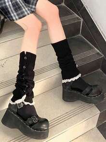 1 par de calentadores de pierna de unicolor versátil con botones, de estilo cálido y acogedor para otoño e invierno, con diseño de punto y botones para mujer - Multicolor - Ver 9