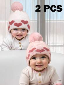 2pcs Baby Girl Winter Hat Cute Heart Pattern Plush Pom Knit Beanie Warm Hospital Cap For Infant Cold Weather Outdoor Accessories - Multicolor - View 1