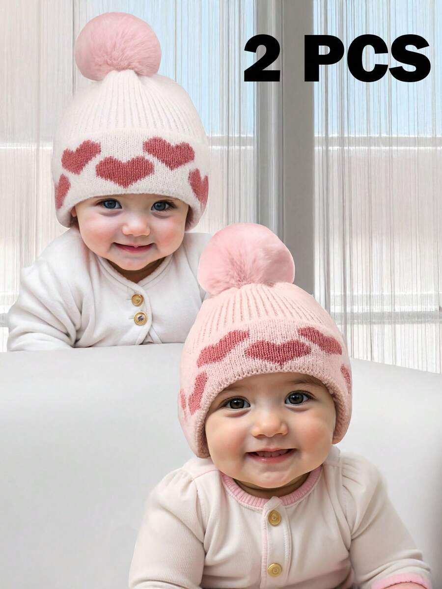 2pcs Baby Girl Winter Hat Cute Heart Pattern Plush Pom Knit Beanie Warm Hospital Cap For Infant Cold Weather Outdoor Accessories - Multicolor - View 1