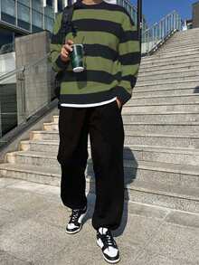 1件青少年男童宽松舒适休闲条纹撞色针织毛衣，长袖加厚针织套头衫，秋冬季