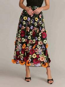 3D 花卉刺绣 A 字裙，优雅休闲波西米亚叶图案，女士秋季服装 - 黑色 - 查看 3