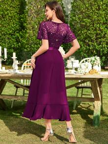 MIUSOL Elegant Women's V Neck Sequin Lace Bodice Maroon A-Line Midi Dress With Flutter Sleeves, Ruffle Flowy High Low Hem, For Formal Prom Gown, Wedding Guest, Evening Party, Cocktail, Dinner - Màu Tím - Xem 2