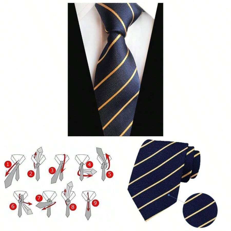Mens Ties Men Necktie Navy Blue Gold Striped Neckties Mens Ties Silk Necktie Formal Business Jacquard Tie - initial - View 1
