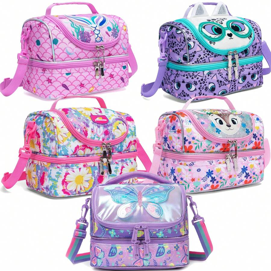 可爱卡通女孩午餐袋双层保温午餐袋大容量分层双拉链设计学校午餐袋适用于旅行出游野餐和户外活动 - 雙層午餐包 - 查看 1