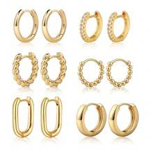 6pcs/4pcs/2pcs Set Vintage Metal Beads & Braided Hoop Earrings, 14K Gold Plated, Minimalist Fashion Jewelry