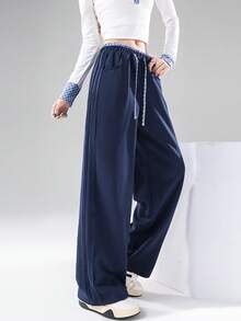 JUTU 藏蓝色拼接格纹美式腰带抽绳宽松直筒裤，时尚休闲运动裤，适合春、秋、冬季穿着 - 1A44寶藍拼藍格 - 查看 6