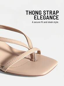 Women Kitten Heel Thong Sandals, Fashion Square Toe Ankle Strap High Heeled Sandals For Wedding Party Casual Wearing - khỏa thân - Xem 4