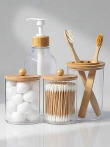 4 pièces Set de rangement transparent pour salle de bain, décoration de salle de bain d'été, rentrée scolaire. Comprend un support pour cotons-tiges, un pot pour tampons de maquillage, un gobelet pour brosse à dents et un flacon presseur. Collection pour la salle de bain, indispensable pour la maison et les voyages.