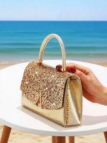 Women's Evening Bag, Glittering Fabric Fashion Clutch, Large Capacity Handbag, Luxury V-Shape Metal Decor, Suitable For Wedding, Party, Gathering, Evening, Birthday Gift, Valentine's Day Gift ,Wedding , Wedding , Valentines Gifts, Party Bags, Wedding Items - Gold - View 3