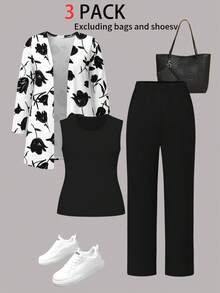 3pcs Plus Size Women Casual Plant Print Jacket + Round Neck Sleeveless Top + Elastic Waist Straight Leg Pants Suit, Commuting Outfit, Autumn/Winter - Black - View 4
