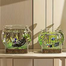 1pc Sturdy Transparent Round Fish Tank, Unbreakable & Anti-Tipping Desktop Aquarium Suitable For Turtles And Small Fish, Natural Stone Design, Multifunctional Indoor/Outdoor Decorative Fish Tank