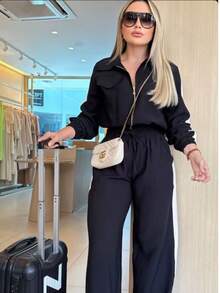 Women's Two-Tone Business Aerolook Elegant Comfortable Travel Chic Striped Set - 黑色 - 查看 2