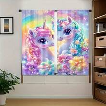 2 piezas Cortinas transparentes con estampado 2D de unicornio cósmico, cortinas de privacidad semi-transparentes para dormitorio, estudio, balcón, oficina, dormitorio, decoración del hogar para ventanas redondas