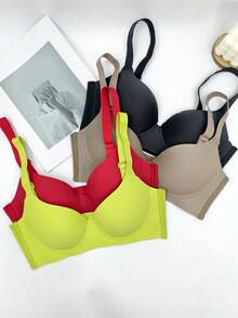 4pcs/Set Women Front Close Full Coverage Wireless Bras, Breathable Thin Bralette Anti-Sagging Lift Up Bras - Green - View 4