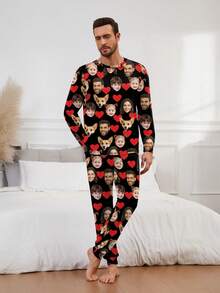 Customized Men/Women/Kids/Pets/Cartoon/Holiday Themed Interesting Long Sleeve Top & Pants Pajama Set, Loungewear, Winter,New Year's Eve Outfit - Black - View 4