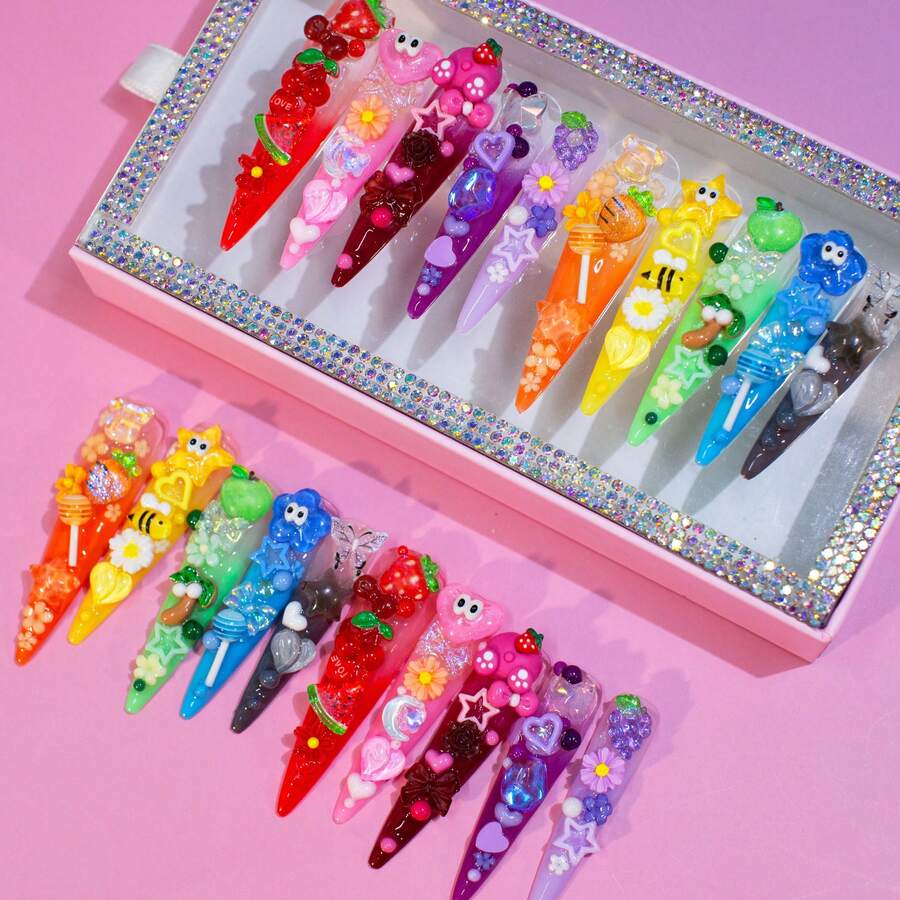 Y2K Handmade Long Stiletto Press On Nails, Rainbow Mix With Fruit, Animal, Rhinestone Accents, Festival Kawaii Style Summer - Multicolor - View 1