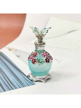 0.51 Oz Blue Butterfly Enamel Painting Glass Dropper Bottle, With Floral Decor, Refillable For Perfume & Essential Oil Storage, Portable & Reusable, Unscented, Home Decor Accessory (Bottle Only, No Fragrance)
