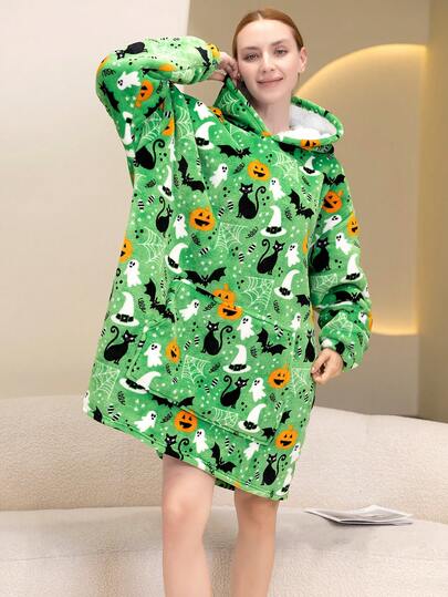 1pc Cute Ghost Print Plush Hooded Nightgown, Pumpkin Print Loungewear, Comfortable & Themed, Green Plush Hooded Nightgown, Plush Hooded Nightgown, Loose Hooded Style, Essential For Home