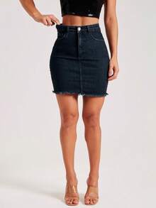 Bodycon Frayed Hem Denim Mini Skirt Summer - Dark Gray - View 4