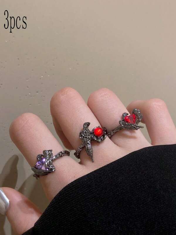 3pcs/Set Unique Small Brand Design Unisex Punk Goth Finger Rings With Red Diamonds, Best Gift For Halloween