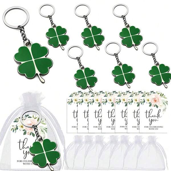 Zestaw 21/3 sztuk/zestaw breloków z czterolistną koniczyną, życzenia ślubne, prezenty na imprezę, ukończenie szkoły, prezenty urodzinowe, niespodzianka dla rodziny, zestaw breloków do torby podróżnej zawiera brelok, białą torebkę prezentową ze ściągaczem i papierową kartkę z podziękowaniami.