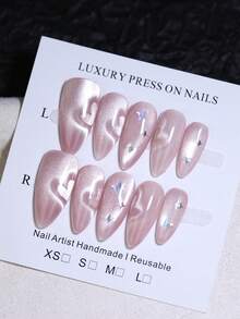 10pcs Almond Nude Pink Silk Cat Eye Handmade Press On Nails Glossy Shiny Heart Pattern Cat's Eye With Butterfly Nail Decoration French Style False Nails Reusable For Autumn And Winter DIY Daily Life Nail Beauty Fake Nail Tips - Pink - View 11