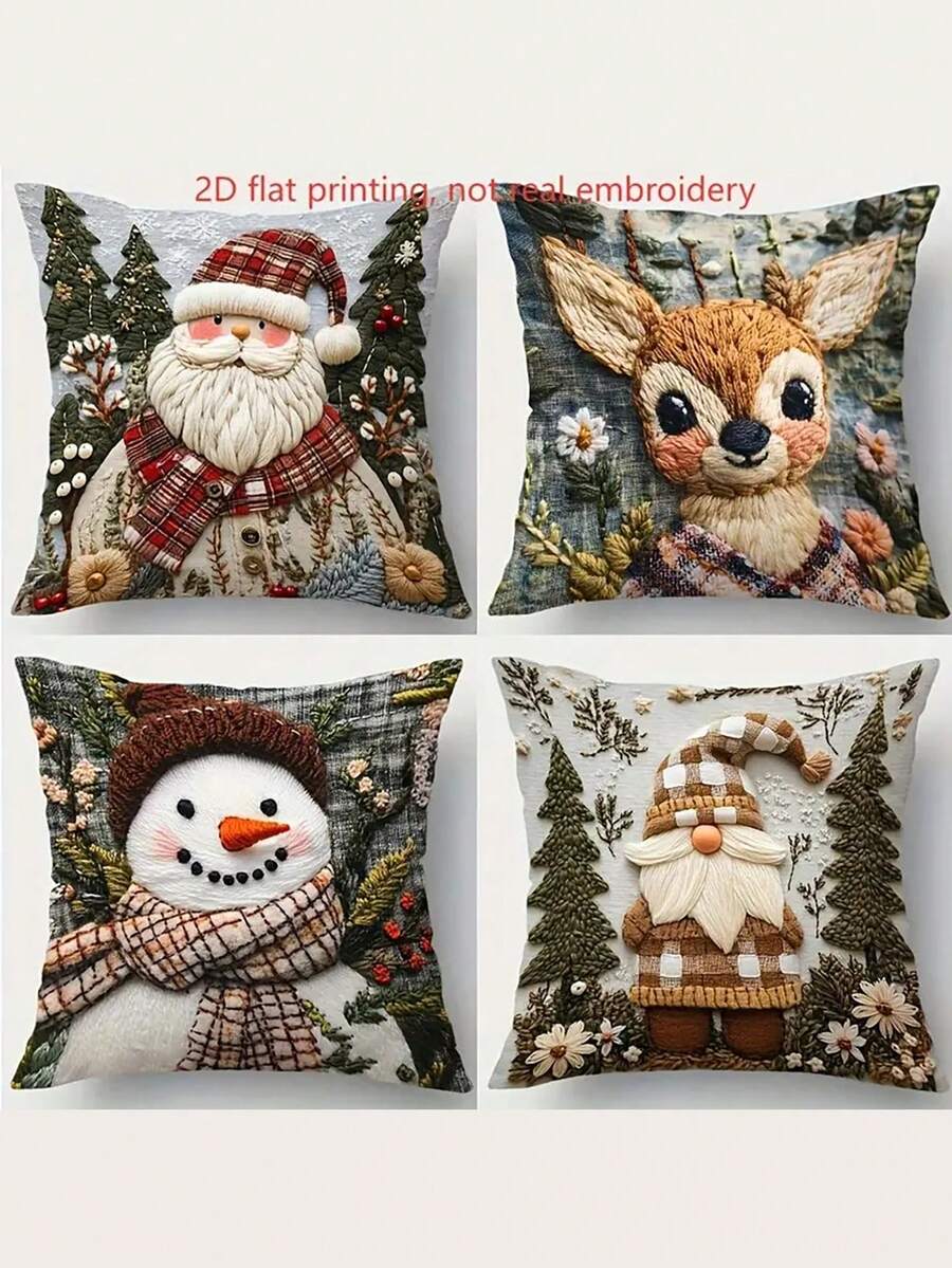 1/2/4pcs Festive Christmas Pillow Covers - 2D Flat Print, Non-Realistic Embroidery, Santa, Reindeer, Snowman & Gnome Designs - Perfect For Holiday Decor, Home & Outdoor Use (Inserts Not Included), Christmas Pillow Covers - Multicolor - View 1