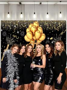 1 Peça Painel de Fotografia de Aniversário Feliz Preto e Dourado, Balões Brilhantes, Pontos, Fogos de Artifício, Faixa de Festa, 59.1*39.4/82.7*59.1/106.3*70.9 Polegadas, Taças de Champanhe, Caixa de Presente, Bottom de Foto Interno e Externo, Decoração de Chá de Bebê