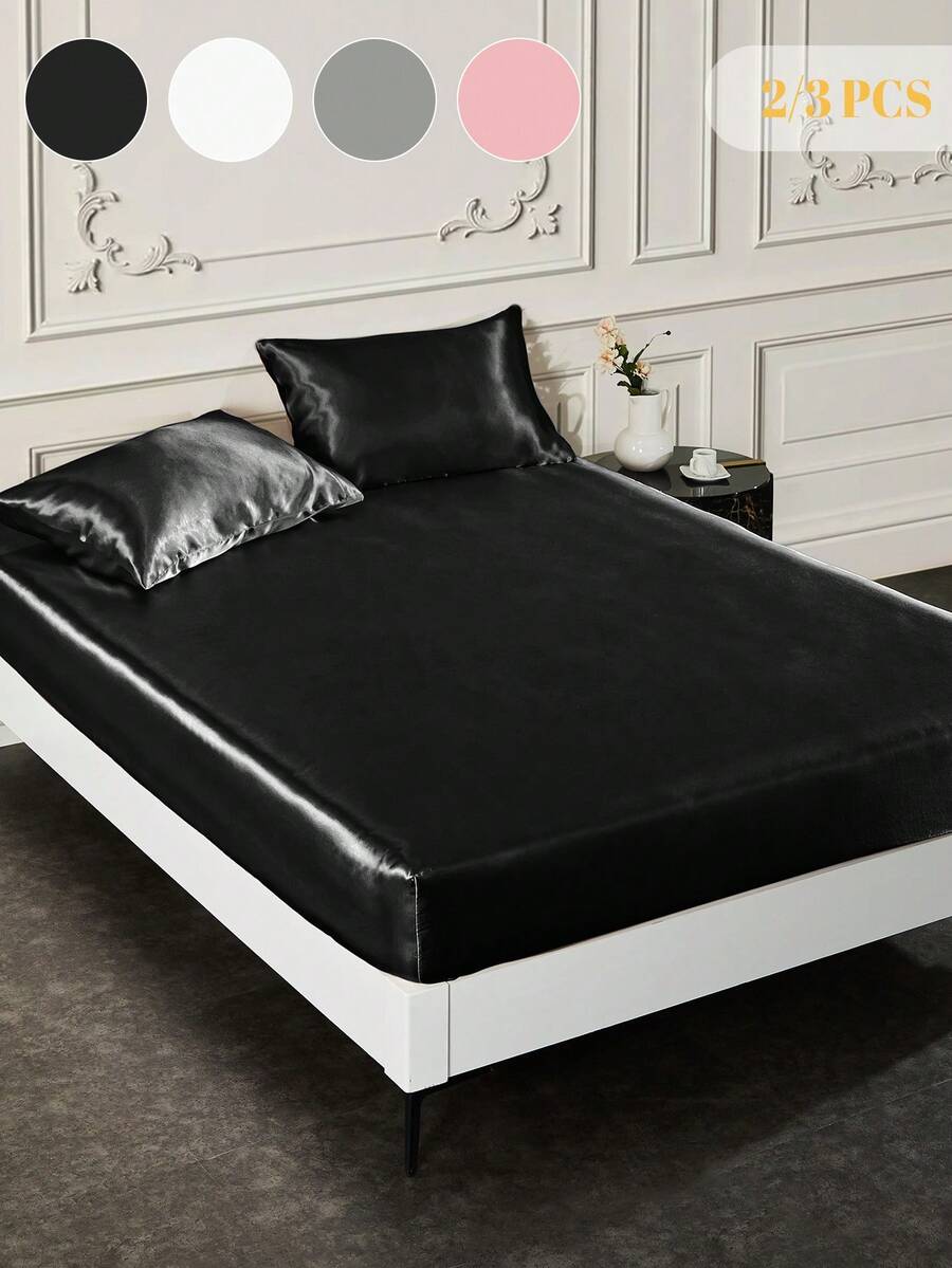 2/3pcs Fitted Sheet Set, Bedding Set, Satin Bed Sheets Set, Solid Color Skin-Friendly Bed Cover Set, Room Decor, Soft And Comfortable Bedding For Bedroom, Breathable And Glossy, Mother's Day Gift, Elegant And Firm, Mother's Day Decoration, Mattress Protector For Bedroom Decor, School Bedding Dorm Essentials, 1 Bed Sheet With 1/2 Pillowcases, Deep Pocket, For Single/Twin/Full/King/Queen Bed Sizes, Machine Washable, Meticulous Festival Gifts - 彩色 - 查看 1