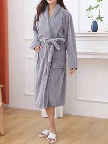 1 件套带袖浴袍，披肩领，长袍，纯色，珊瑚绒，柔软，吸水，适用于家庭、酒店、泳池、休息室、个人使用、礼物浴袍女士淋浴情侣睡衣睡袍女士家居服连帽男士冬季加厚长法兰绒套装易于清洗 - 白色 - 查看 8