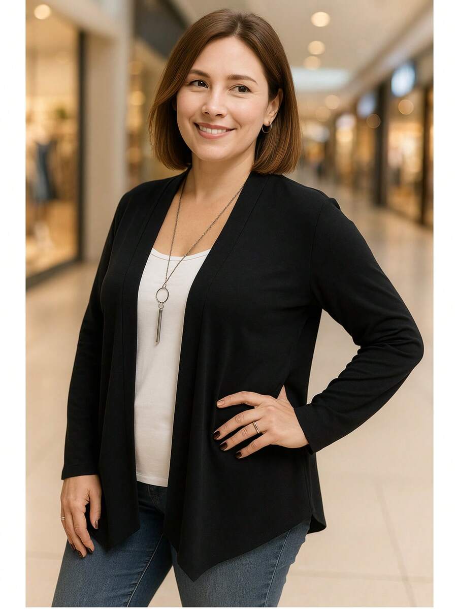 Cardigan Short Women's Mid-Season Plus Size Coat - Black - View 1