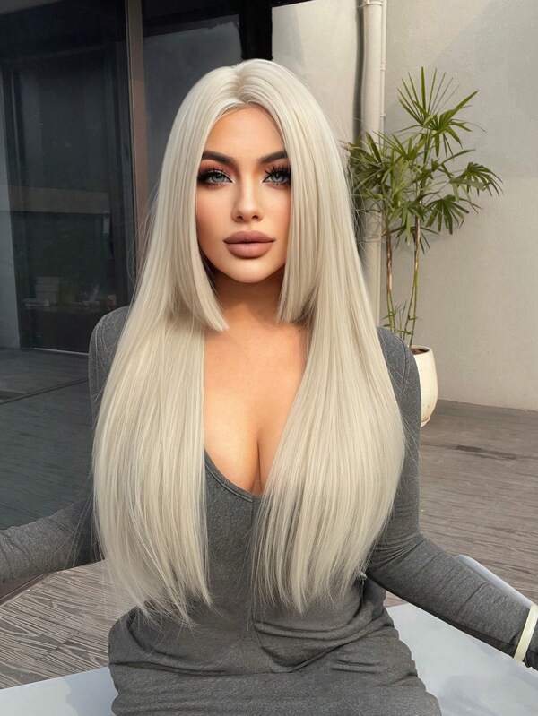 Forehead Lace Straight Hair Wig, Medium Grey Long Straight Hair Wig, 30 Feet Long, Natural And Realistic Wig For Daily Use