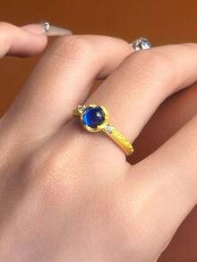 1pc Minimalist Blue Zirconia Flower Open Ring, Fashionable Personalized High-End Everyday Wear Women Ring