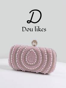 优雅的泪珠形粉红珍珠晚宴手拿包，适合旗袍的高端订婚手提包，配有金属链带，优雅的女士派对包适合舞会、婚礼、毕业舞会、正式晚宴/宴会，完美搭配女士毕业舞会礼服、毕业舞会配饰、亮片礼服、闪亮礼服、女士优雅礼服。 - 粉色 - 查看 2