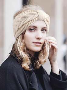 2pcs/1pc European & American Velvet Lined Knitted Headband With Twisted Bow, Sports Headwrap Ear Warmer Hairband - Solid Color - View 8