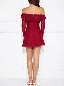 Women's Autumn Lace Ruffle Off Shoulder, Long Sleeve Lace Patchwork Waist A-Line, Elegant, Romantic, Sexy, Pure, Chic Mini Dress For Date, Midnight Party, Music Festival - Red - View 2