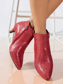 Red Pointed Toe Elegant Kitten Heel Ankle Boots For Women, Fashion Versatile Side Zipper Short Booties Suitable For Holidays - Red Gold - View 3