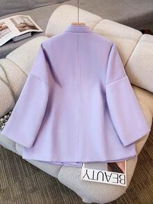 女士优雅常规长度薰衣草色梭织面料大衣，立领，落肩设计 - 淡紫色 - 查看 3