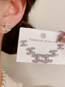 3 Pairs Elegant Luxury Zirconia Plated 925 Sterling Silver Stud Earrings, Fashionable For Daily, Party, Gift For Friends, Autumn Earrings