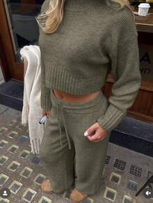 新款秋冬女装休闲约会纯色罗纹短裤、针织长袖套头毛衣和抽绳针织裤两件套，街头风，女式两件套，女士套装，休闲装，优雅上衣，派对装，Y2K风格，演唱会装 - 褐色 - 查看 1