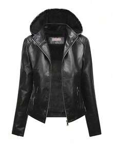 女士皮夹克，带保暖内衬，秋冬季保暖 - 黑色 - 查看 9